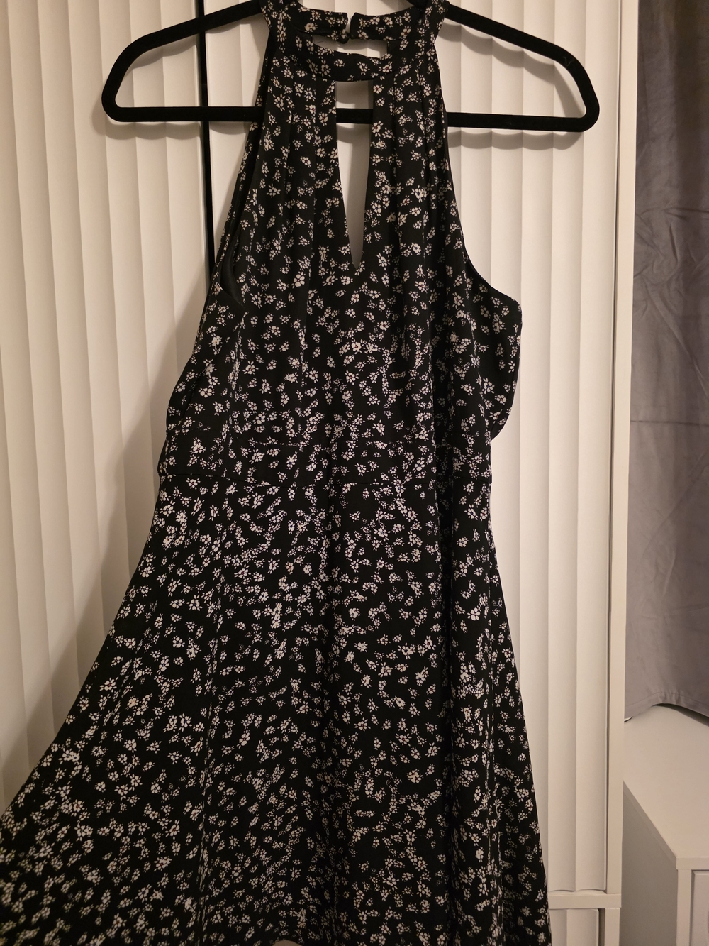 Express Black Mini Halter Dress with White Floral Print